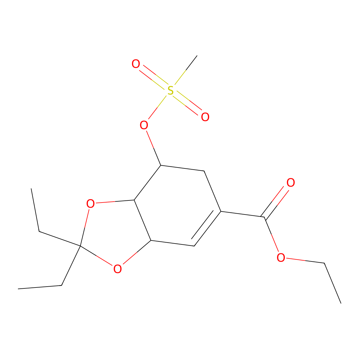 1,3-Benzodioxole-5-carboxylic acid, 2,2-diethyl-3a,6,7,7a-tetrahydro-7-((methylsulfonyl)oxy)-, ethyl ester, (3aR,7R,7aR)- molecular structure, CAS 204254-90-0
