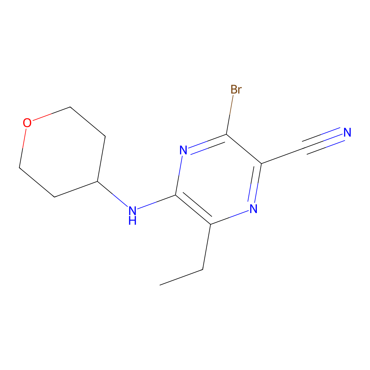 3-bromo-6-ethyl-5-((tetrahydro-2H-pyran-4-yl)amino)pyrazine-2-carbonitrile molecular structure, CAS 2043019-98-1