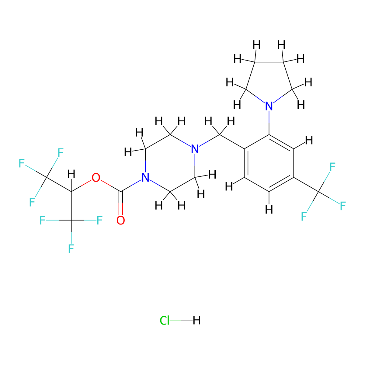 1,1,1,3,3,3-Hexafluoropropan-2-yl 4-((2-pyrrolidin-1-yl-4-(trifluoromethyl)phenyl)methyl)piperazine-1-carboxylate;hydrochloride molecular structure, CAS 2043074-64-0