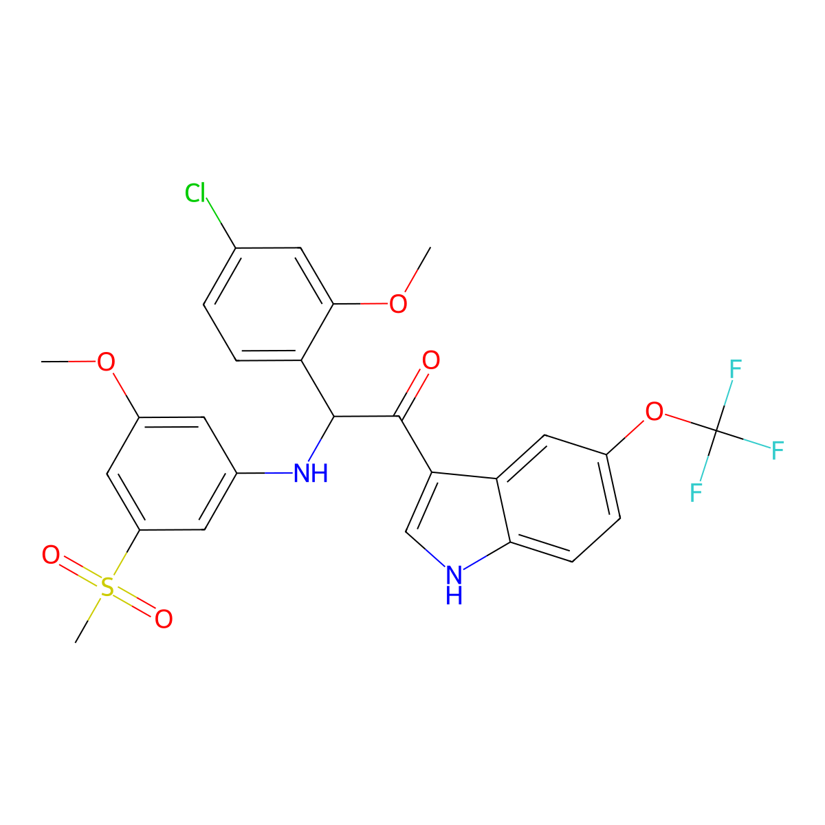 (+)-2-(4-Chloro-2-methoxyphenyl)-2-((3-methoxy-5-(methylsulfonyl)phenyl)amino)-1-(5-(trifluoromethoxy)-1H-indol-3-yl)ethan-1-one molecular structure, CAS 2043343-95-7