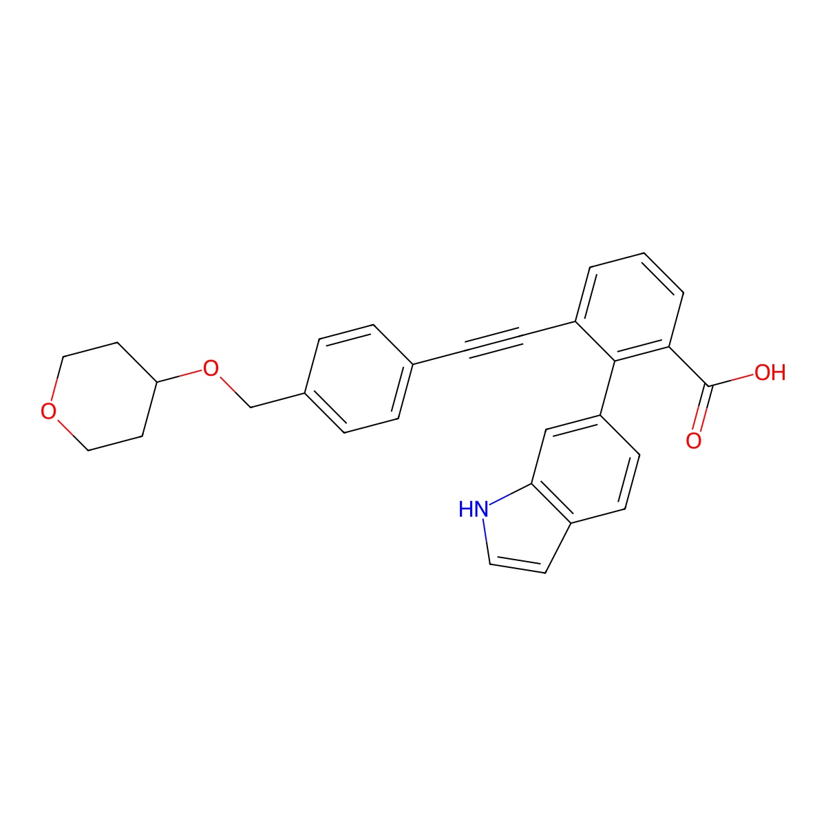 2-(1H-Indol-6-yl)-3-((4-(((tetrahydro-2H-pyran-4-yl)oxy)methyl)phenyl)ethynyl)benzoic acid molecular structure, CAS 2044520-06-9