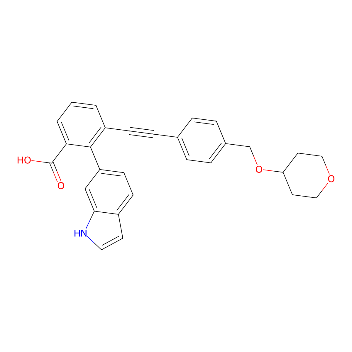 2-(1H-Indol-6-yl)-3-((4-(((tetrahydro-2H-pyran-4-yl)oxy)methyl)phenyl)ethynyl)benzoic acid molecular structure, CAS 2044520-06-9