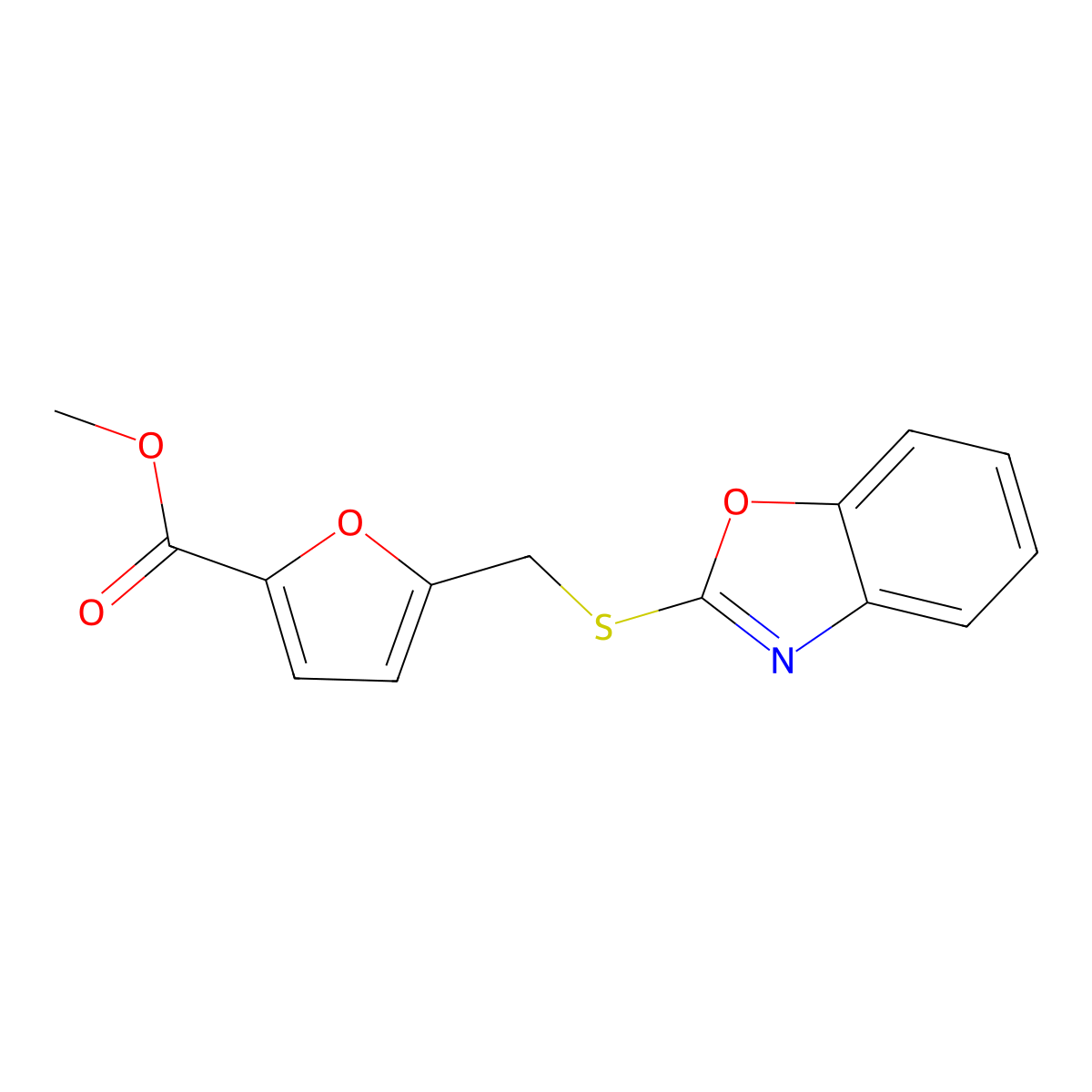 Methyl 5-[(1,3-benzoxazol-2-ylsulfanyl)methyl]furan-2-carboxylate molecular structure, CAS 204456-07-5