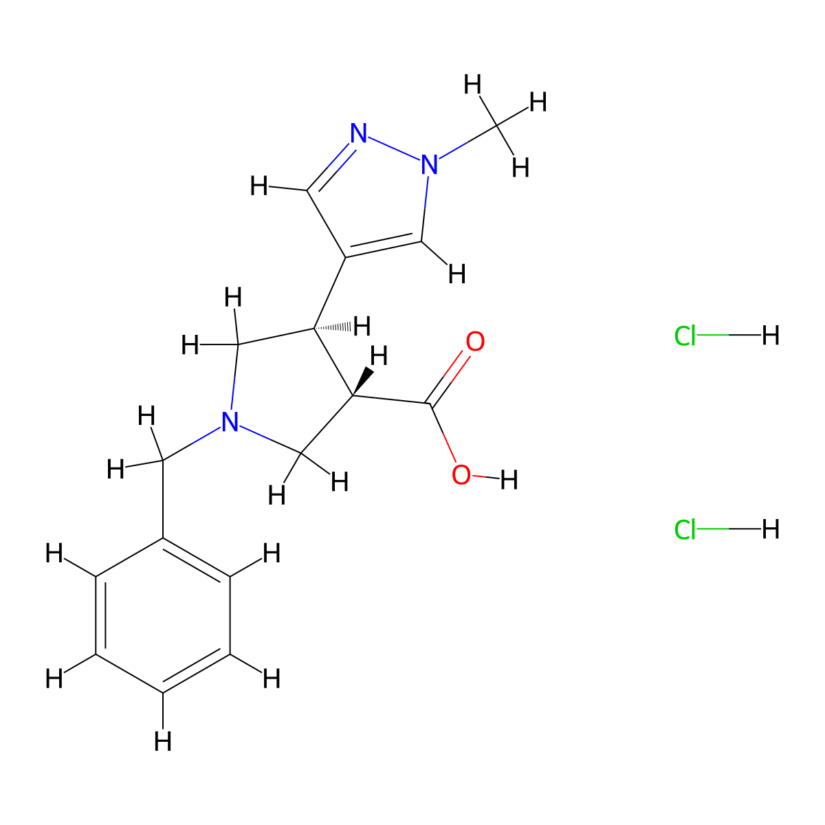 rac-(3R,4S)-1-benzyl-4-(1-methyl-1H-pyrazol-4-yl)pyrrolidine-3-carboxylic acid dihydrochloride, trans molecular structure, CAS 2044705-72-6