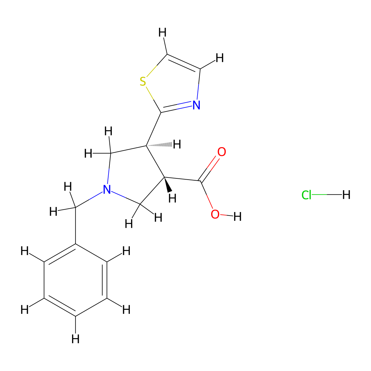 rac-(3R,4R)-1-benzyl-4-(1,3-thiazol-2-yl)pyrrolidine-3-carboxylic acid hydrochloride, trans molecular structure, CAS 2044706-21-8