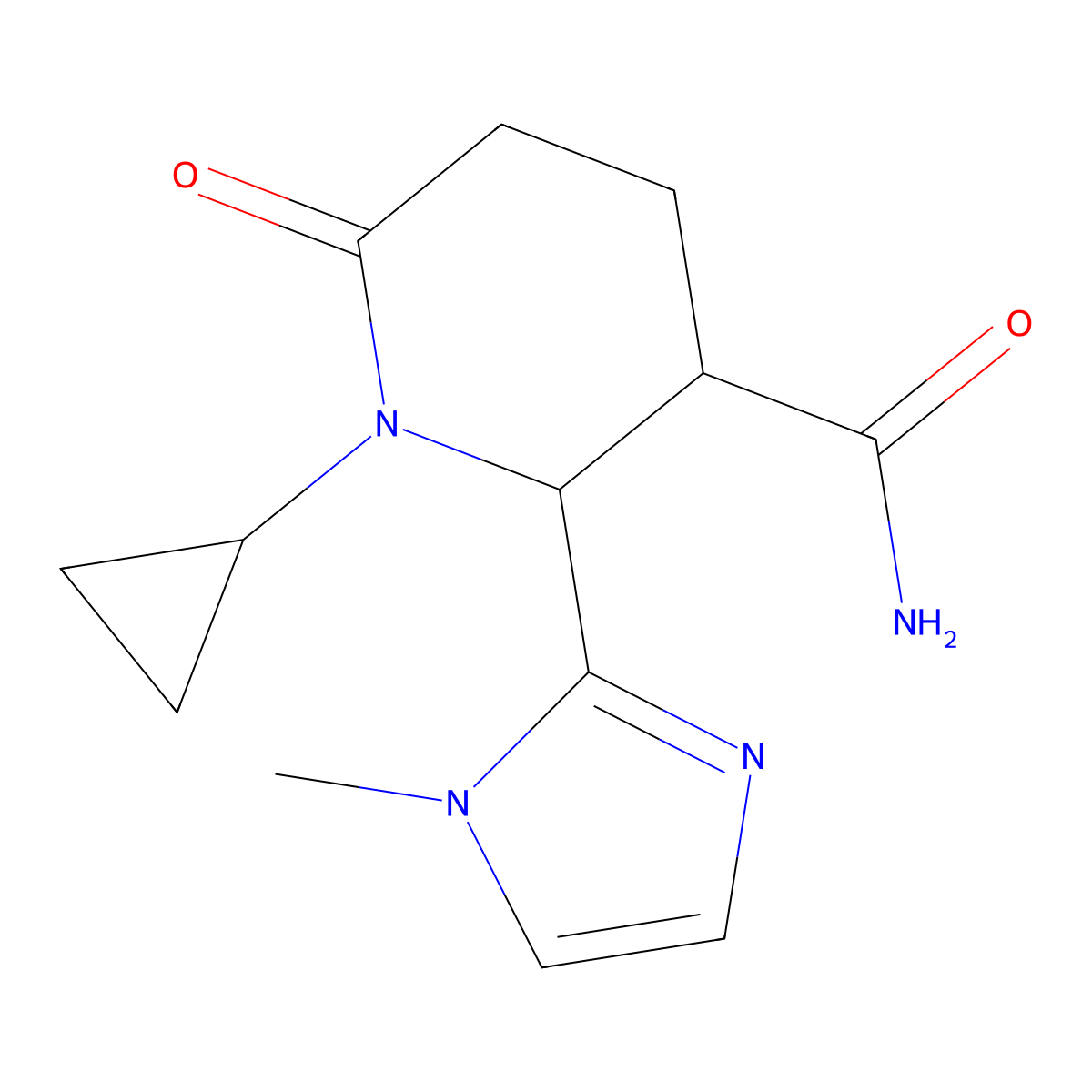 rac-(2R,3R)-1-cyclopropyl-2-(1-methyl-1H-imidazol-2-yl)-6-oxopiperidine-3-carboxamide, trans molecular structure, CAS 2044706-27-4