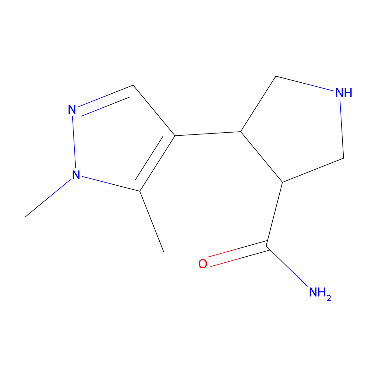 rac-(3R,4S)-4-(1,5-dimethyl-1H-pyrazol-4-yl)pyrrolidine-3-carboxamide molecular structure, CAS 2044706-31-0