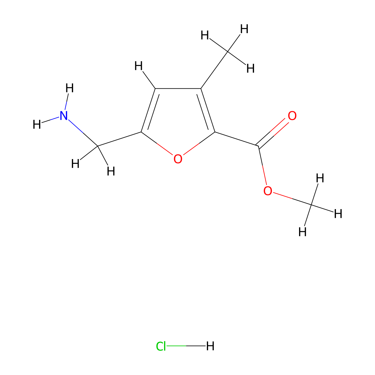 Methyl 5-(aminomethyl)-3-methylfuran-2-carboxylate hydrochloride molecular structure, CAS 2044837-22-9