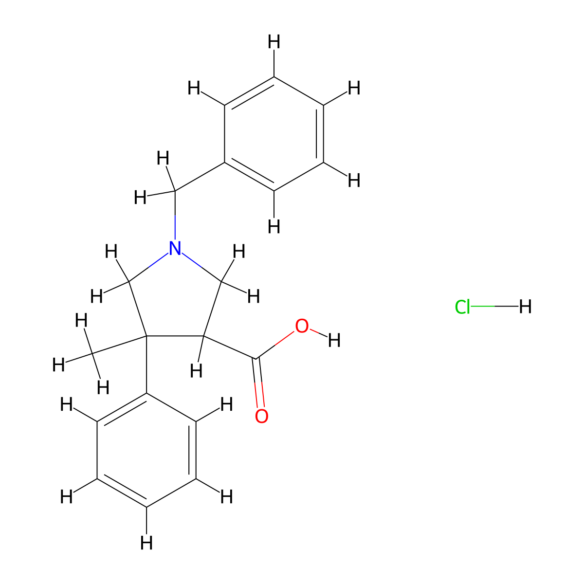 1-Benzyl-4-methyl-4-phenylpyrrolidine-3-carboxylic acid hydrochloride molecular structure, CAS 2044837-78-5