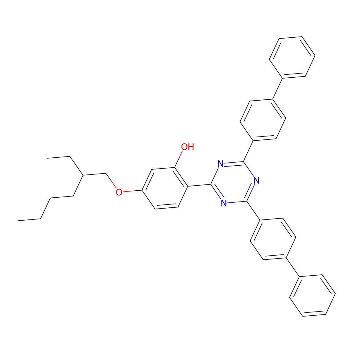 Phenol, 2-[4,6-bis([1,1'-biphenyl]-4-yl)-1,3,5-triazin-2-yl]-5-[(2-ethylhexyl)oxy]- molecular structure, CAS 204583-39-1