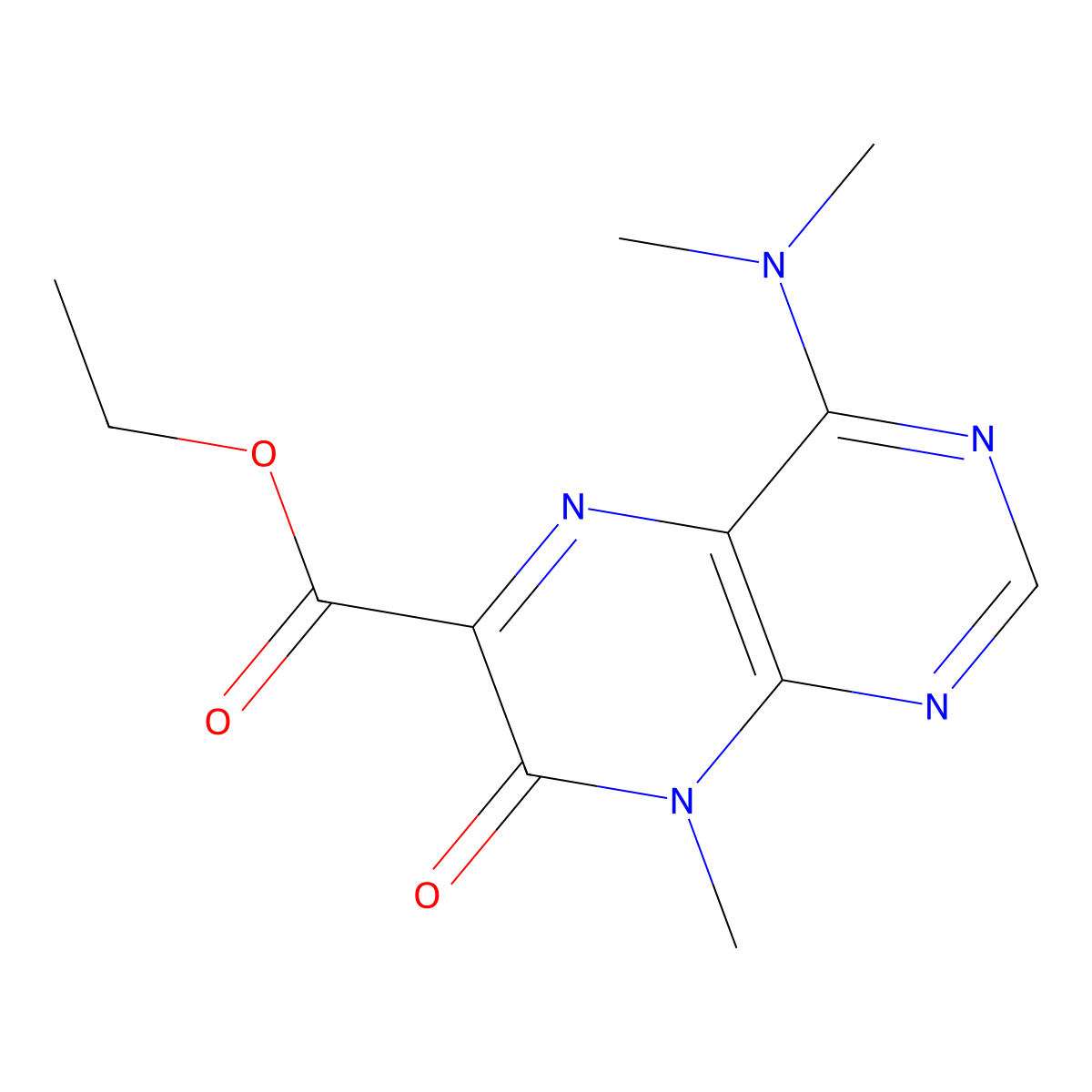 Ethyl 4-(dimethylamino)-8-methyl-7-oxo-7,8-dihydropteridine-6-carboxylate molecular structure, CAS 2046-68-6