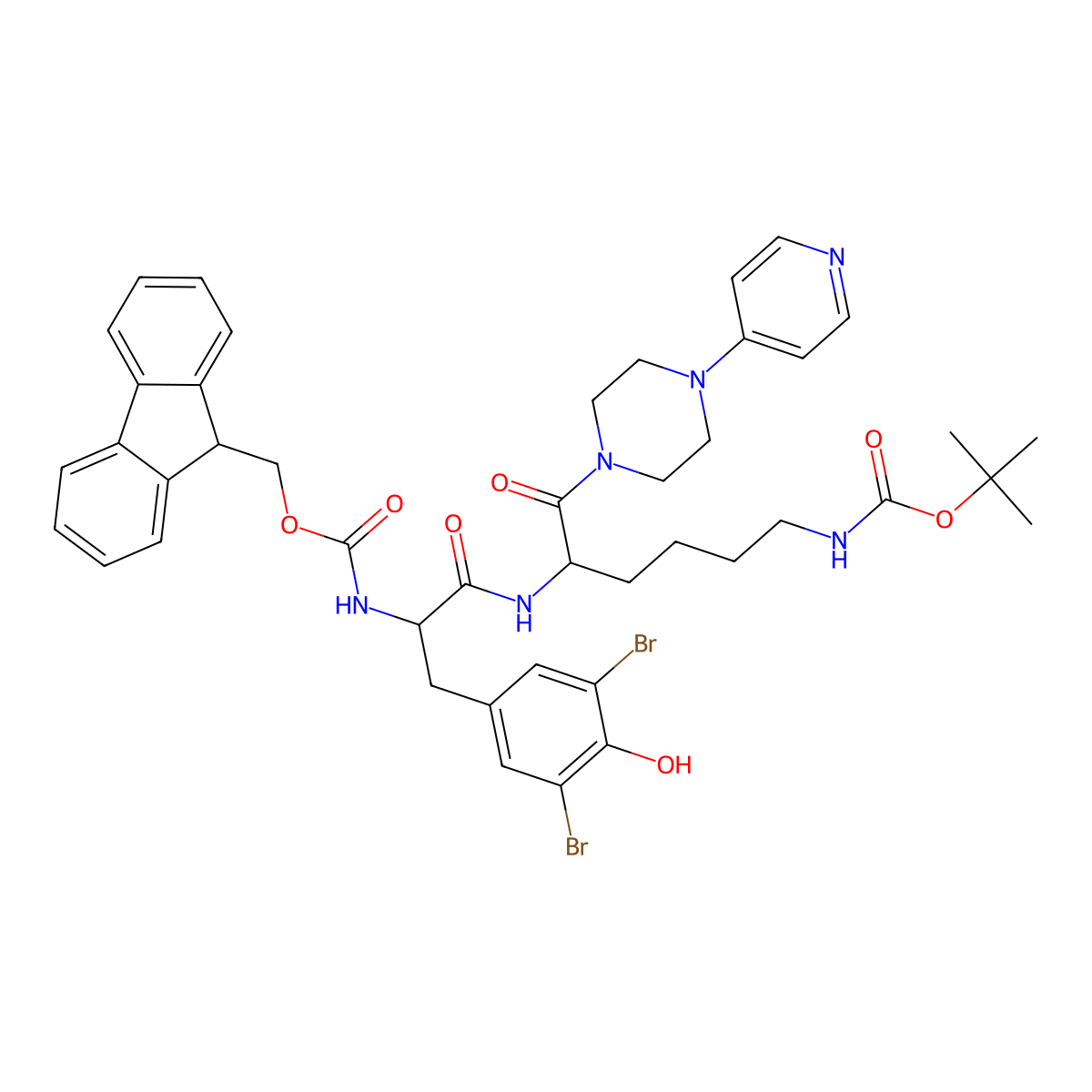 (9H-fluoren-9-yl)methyl ((R)-1-(((S)-6-((tert-butoxycarbonyl)amino)-1-oxo-1-(4-(pyridin-4-yl)piperazin-1-yl)hexan-2-yl)amino)-3-(3,5-dibromo-4-hydroxyphenyl)-1-oxopropan-2-yl)carbamate molecular structure, CAS 204693-24-3