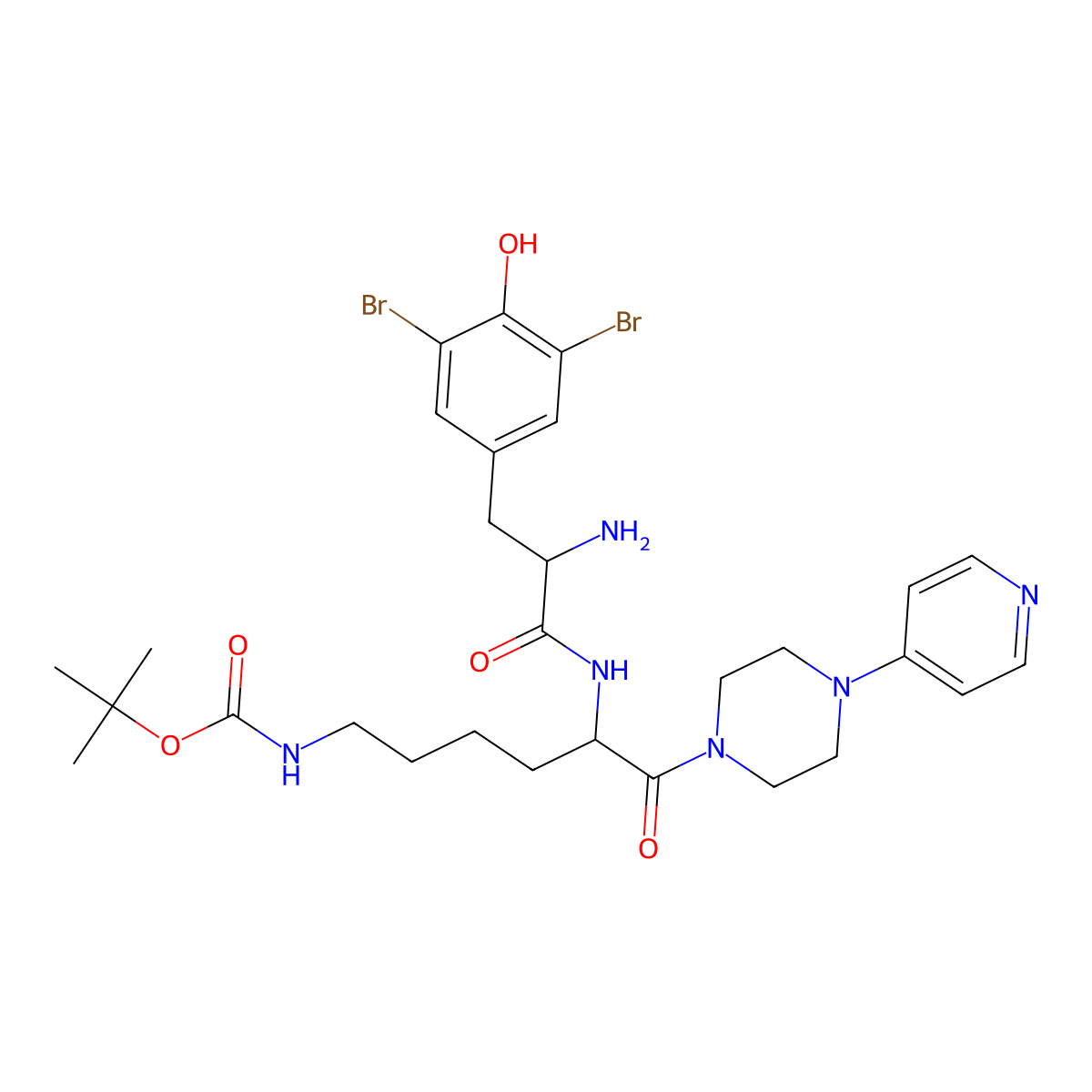 tert-Butyl ((S)-5-((R)-2-amino-3-(3,5-dibromo-4-hydroxyphenyl)propanamido)-6-oxo-6-(4-(pyridin-4-yl)piperazin-1-yl)hexyl)carbamate molecular structure, CAS 204693-44-7