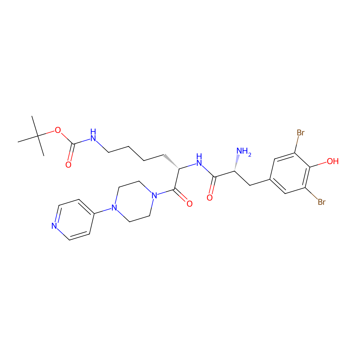 tert-Butyl ((S)-5-((R)-2-amino-3-(3,5-dibromo-4-hydroxyphenyl)propanamido)-6-oxo-6-(4-(pyridin-4-yl)piperazin-1-yl)hexyl)carbamate molecular structure, CAS 204693-44-7
