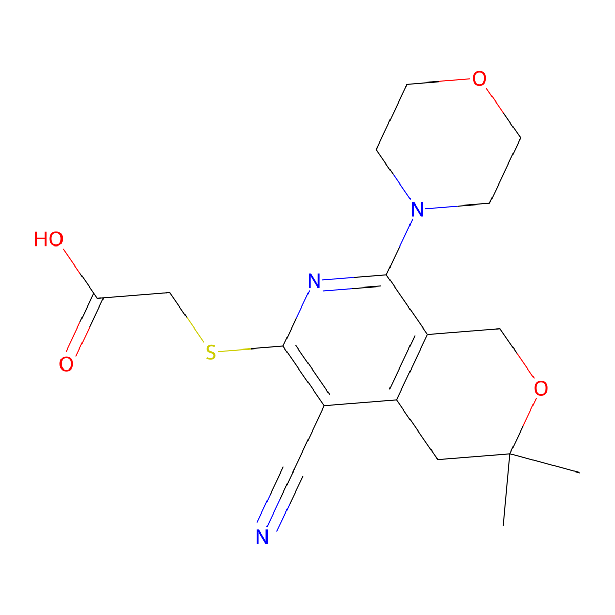 2-[(5-Cyano-3,3-dimethyl-8-morpholin-4-yl-1,4-dihydropyrano[3,4-c]pyridin-6-yl)sulfanyl]acetic acid molecular structure, CAS 204775-47-3