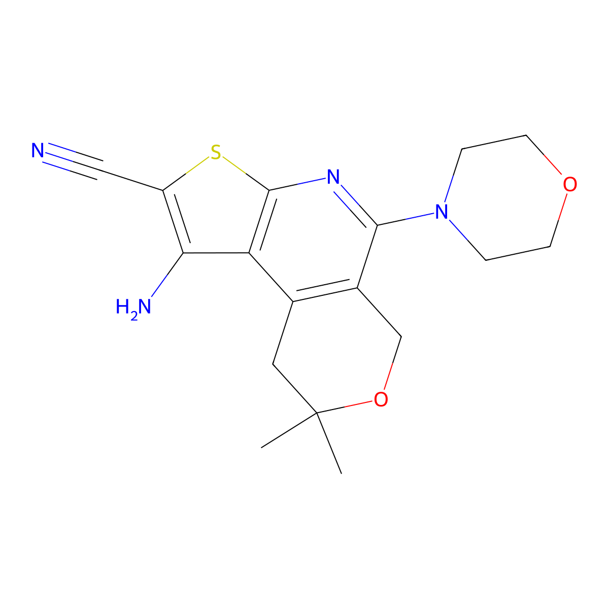 1-amino-8,8-dimethyl-5-morpholino-8,9-dihydro-6H-pyrano[4,3-d]thieno[2,3-b]pyridine-2-carbonitrile molecular structure, CAS 204775-57-5