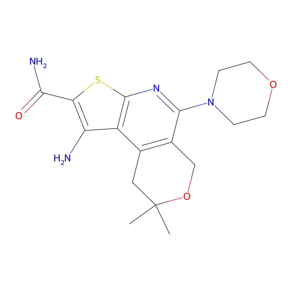 1-amino-8,8-dimethyl-5-morpholino-8,9-dihydro-6H-pyrano[4,3-d]thieno[2,3-b]pyridine-2-carboxamide molecular structure, CAS 204775-60-0