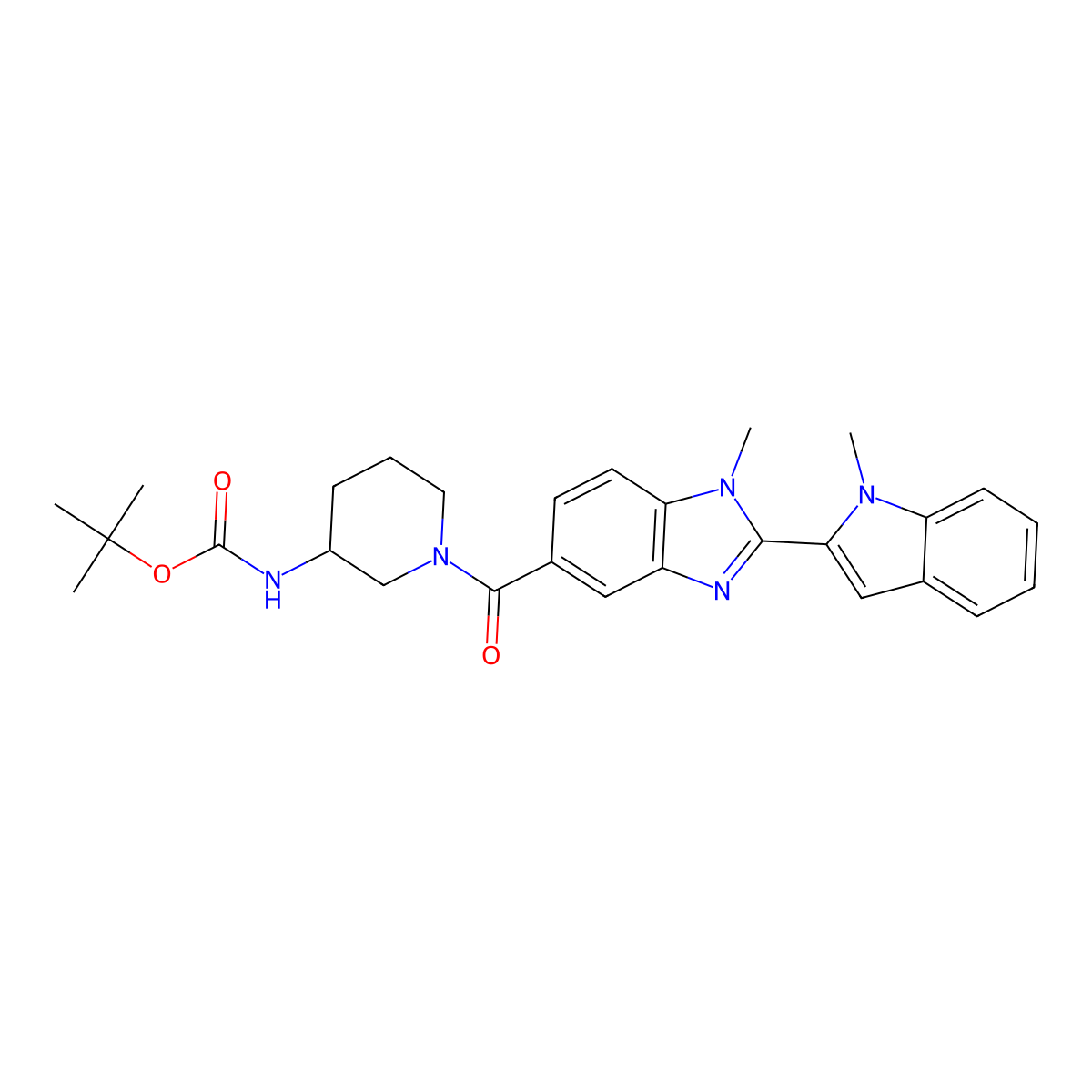 tert-Butyl (S)-(1-(1-methyl-2-(1-methyl-1H-indol-2-yl)-1H-benzo[d]imidazole-5-carbonyl)piperidin-3-yl)carbamate molecular structure, CAS 2048228-89-1