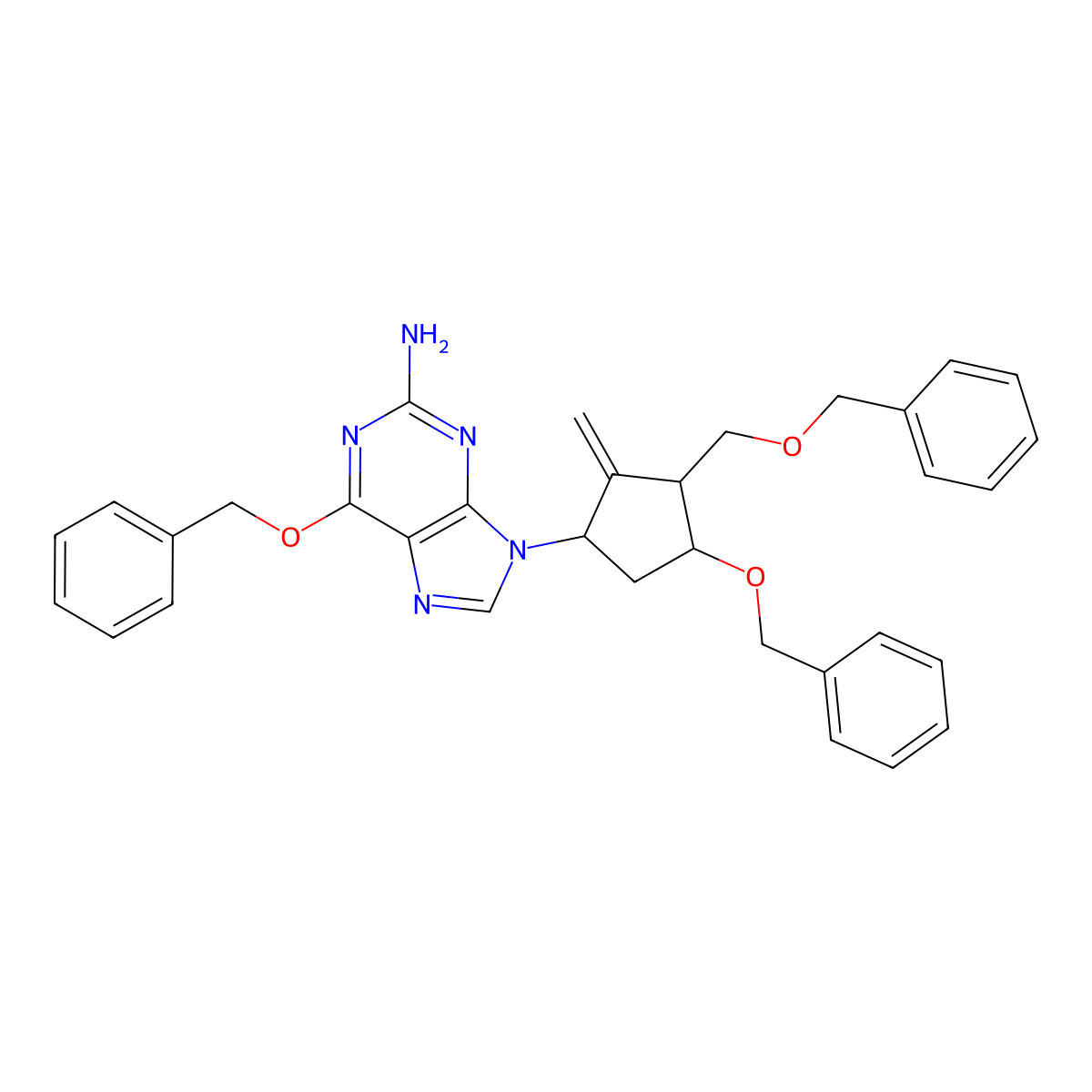 6-(Benzyloxy)-9-((1S,3R,4S)-4-(benzyloxy)-3-((benzyloxy)methyl)-2-methylenecyclopentyl)-9H-purin-2-amine molecular structure, CAS 204845-95-4