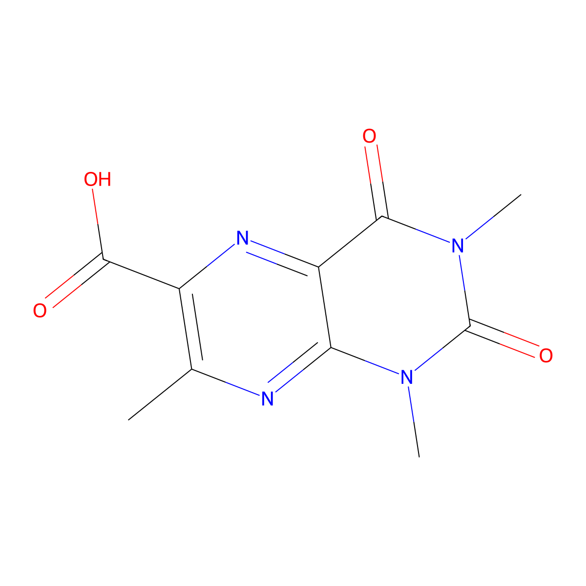1,3,7-Trimethyl-2,4-dioxo-1,2,3,4-tetrahydropteridine-6-carboxylic acid molecular structure, CAS 204922-43-0