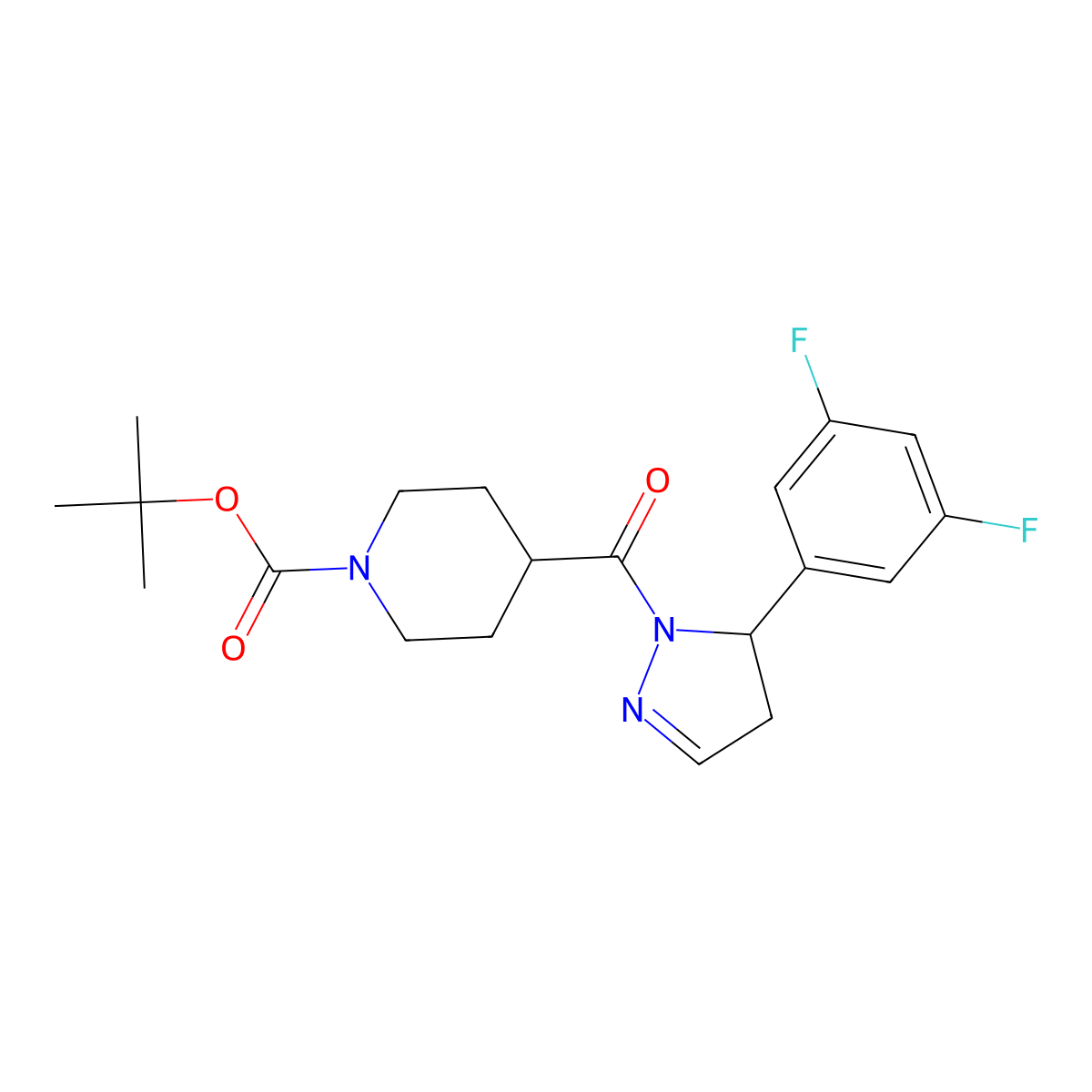 tert-butyl 4-(5-(3,5-difluorophenyl)-4,5-dihydro-1H-pyrazole-1-carbonyl)piperidine-1-carboxylate molecular structure, CAS 2049873-34-7