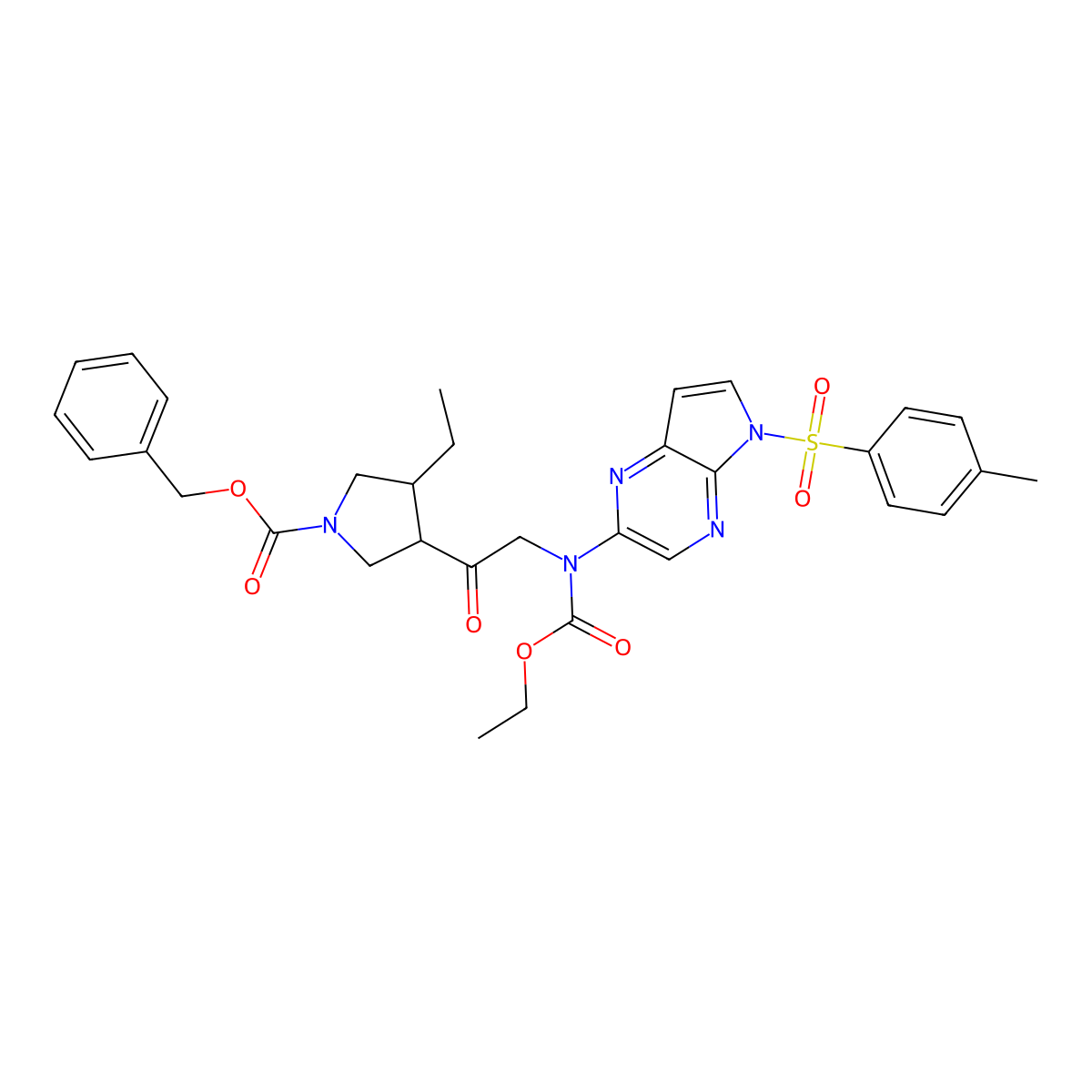 1-Pyrrolidinecarboxylic acid, 3-(2-((ethoxycarbonyl)(5-((4-methylphenyl)sulfonyl)-5H-pyrrolo(2,3-b)pyrazin-2-yl)amino)acetyl)-4-ethyl-, phenylmethyl ester, (3R,4S)- molecular structure, CAS 2050038-81-6