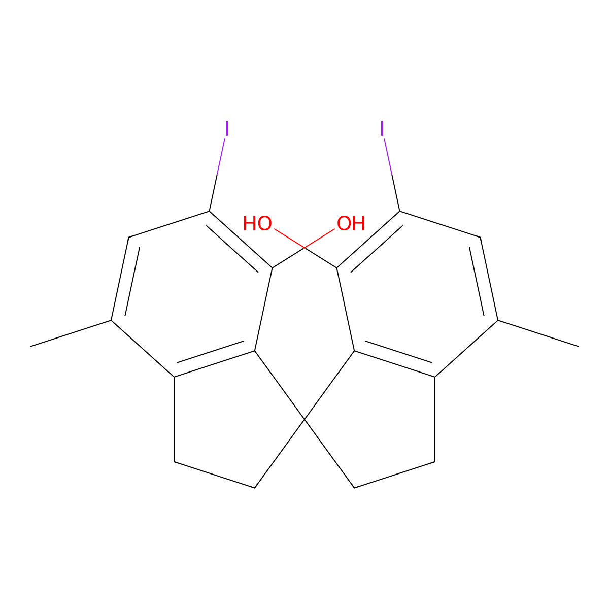 (S)-6,6'-diiodo-4,4'-dimethyl-2,2',3,3'-tetrahydro-1,1'-spirobi[indene]-7,7'-diol molecular structure, CAS 2050190-03-7