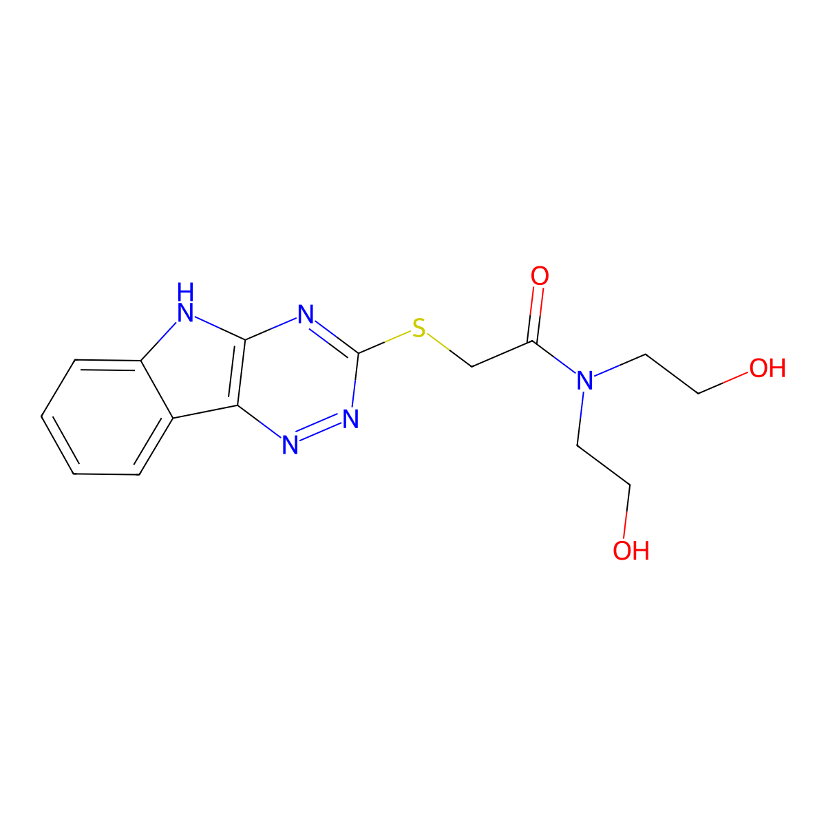 N,N-bis(2-hydroxyethyl)-2-(5H-[1,2,4]triazino[5,6-b]indol-3-ylsulfanyl)acetamide molecular structure, CAS 205130-02-5