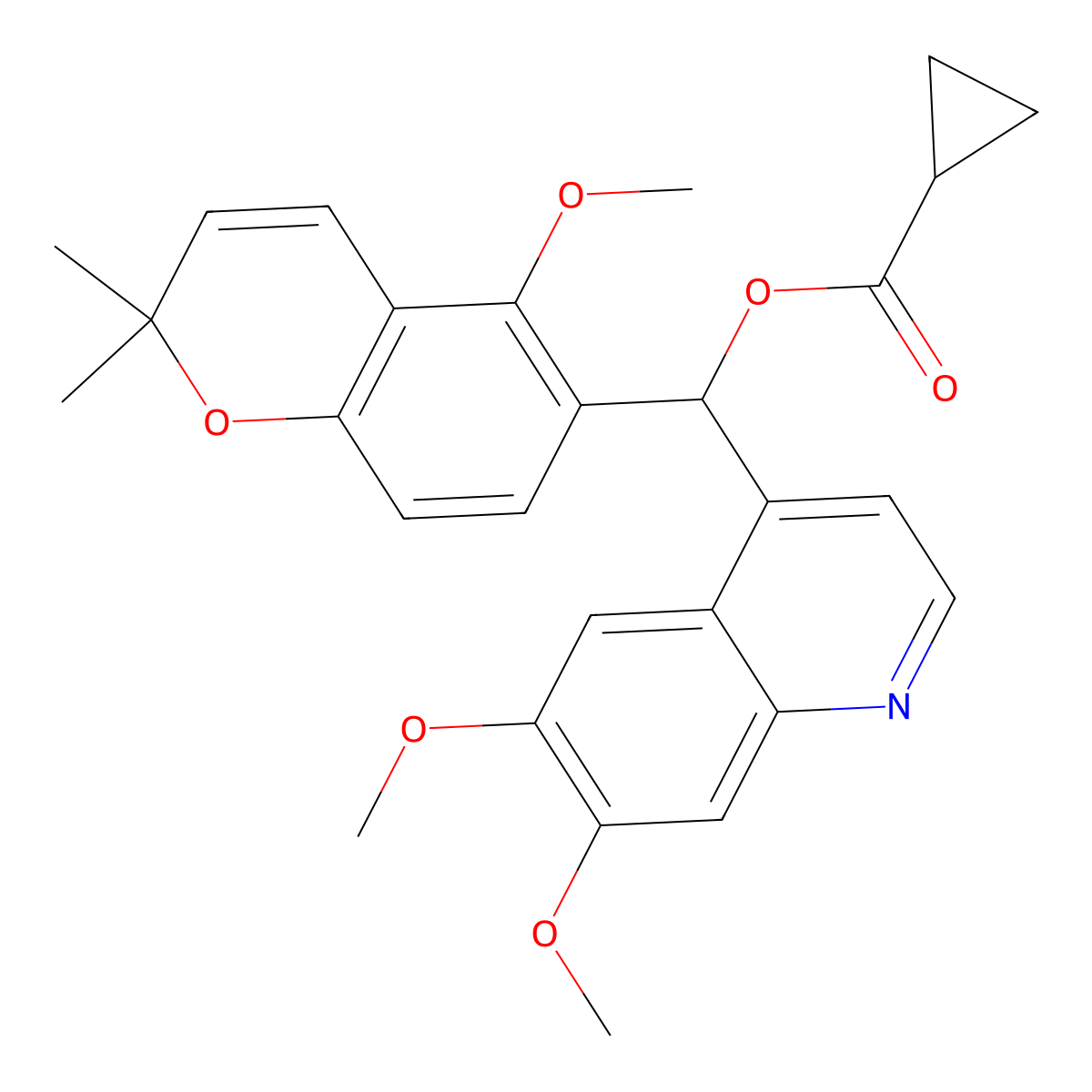 (6,7-Dimethoxyquinolin-4-yl)(5-methoxy-2,2-dimethyl-2H-chromen-6-yl)methyl cyclopropanecarboxylate molecular structure, CAS 2051587-62-1