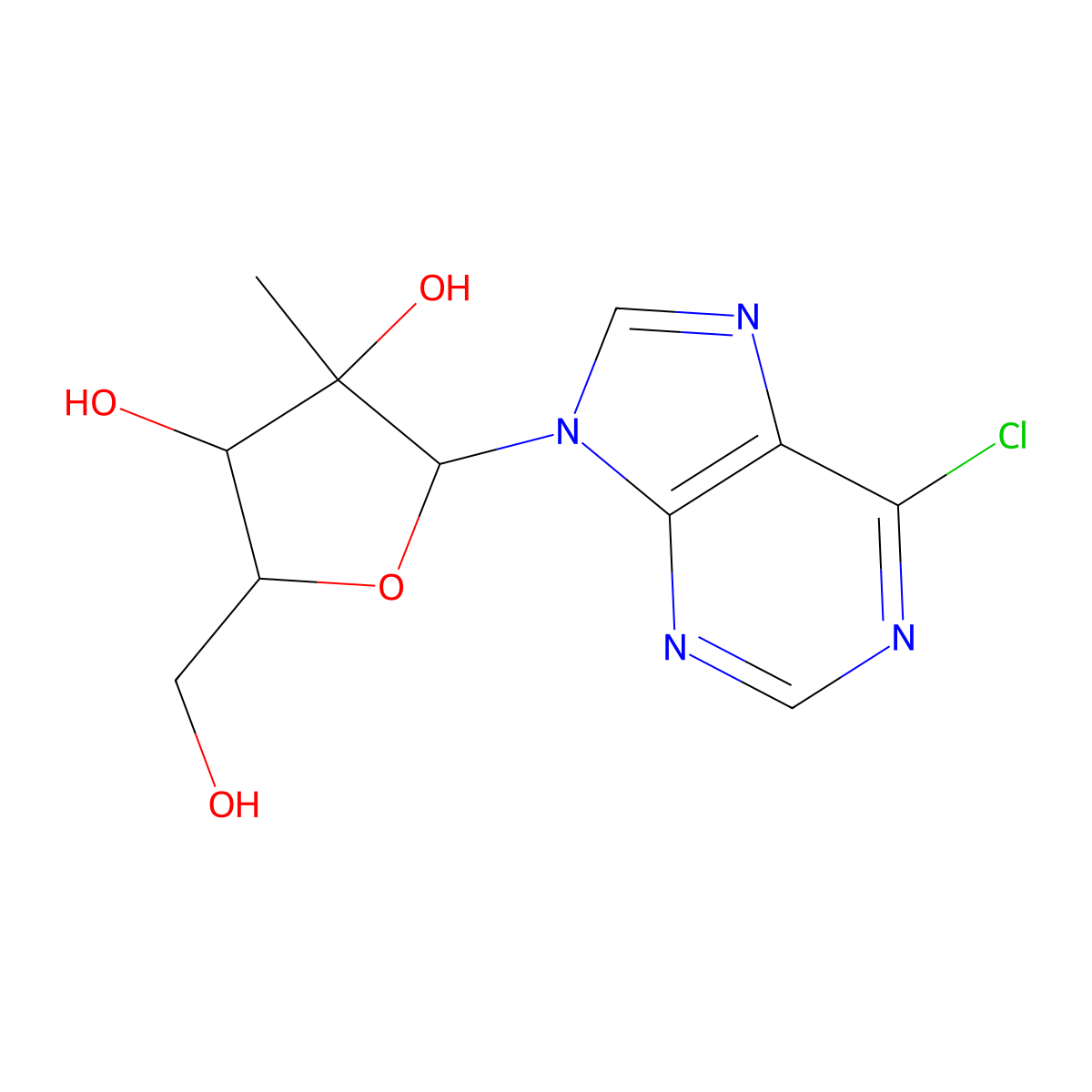 (2R,3R,4R,5R)-2-(6-Chloro-9H-purin-9-yl)-5-(hydroxymethyl)-3-methyltetrahydrofuran-3,4-diol molecular structure, CAS 205171-05-7