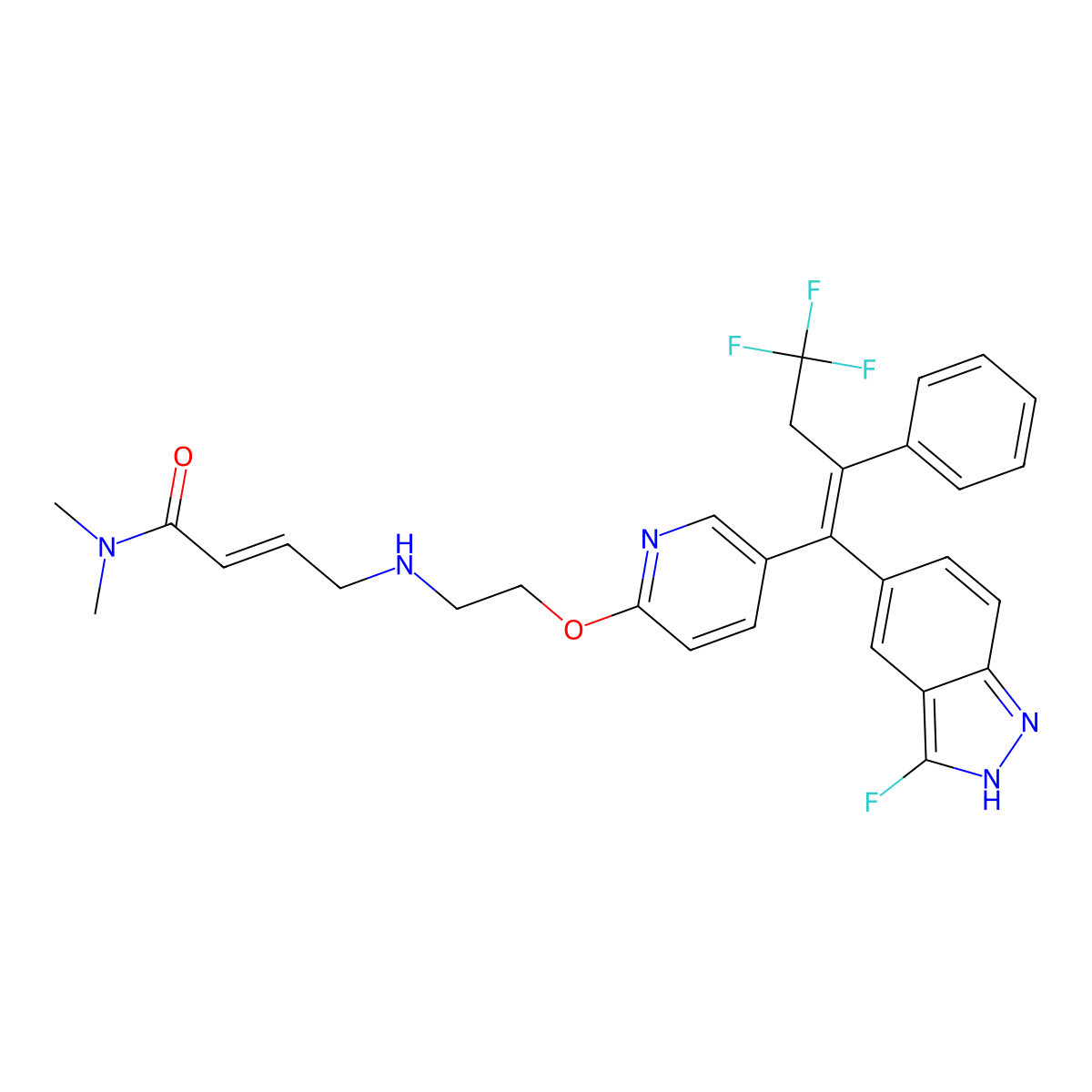 (E)-N,N-dimethyl-4-[2-[5-[(Z)-4,4,4-trifluoro-1-(3-fluoro-2H-indazol-5-yl)-2-phenylbut-1-enyl]pyridin-2-yl]oxyethylamino]but-2-enamide molecular structure, CAS 2052130-80-8