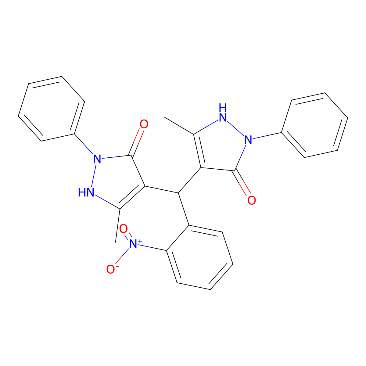 5-methyl-4-[(5-methyl-3-oxo-2-phenyl-1H-pyrazol-4-yl)-(2-nitrophenyl)methyl]-2-phenyl-1H-pyrazol-3-one molecular structure, CAS 205243-15-8