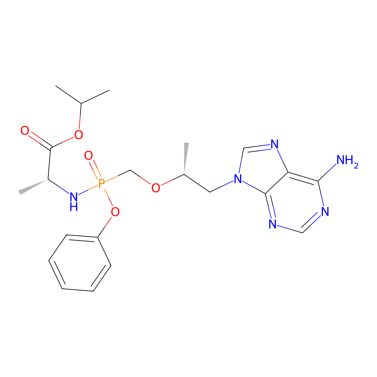 isopropyl (((((R)-1-(6-amino-9H-purin-9-yl)propan-2-yl)oxy)methyl)(phenoxy)phosphoryl)-D-alaninate molecular structure, CAS 2053423-98-4