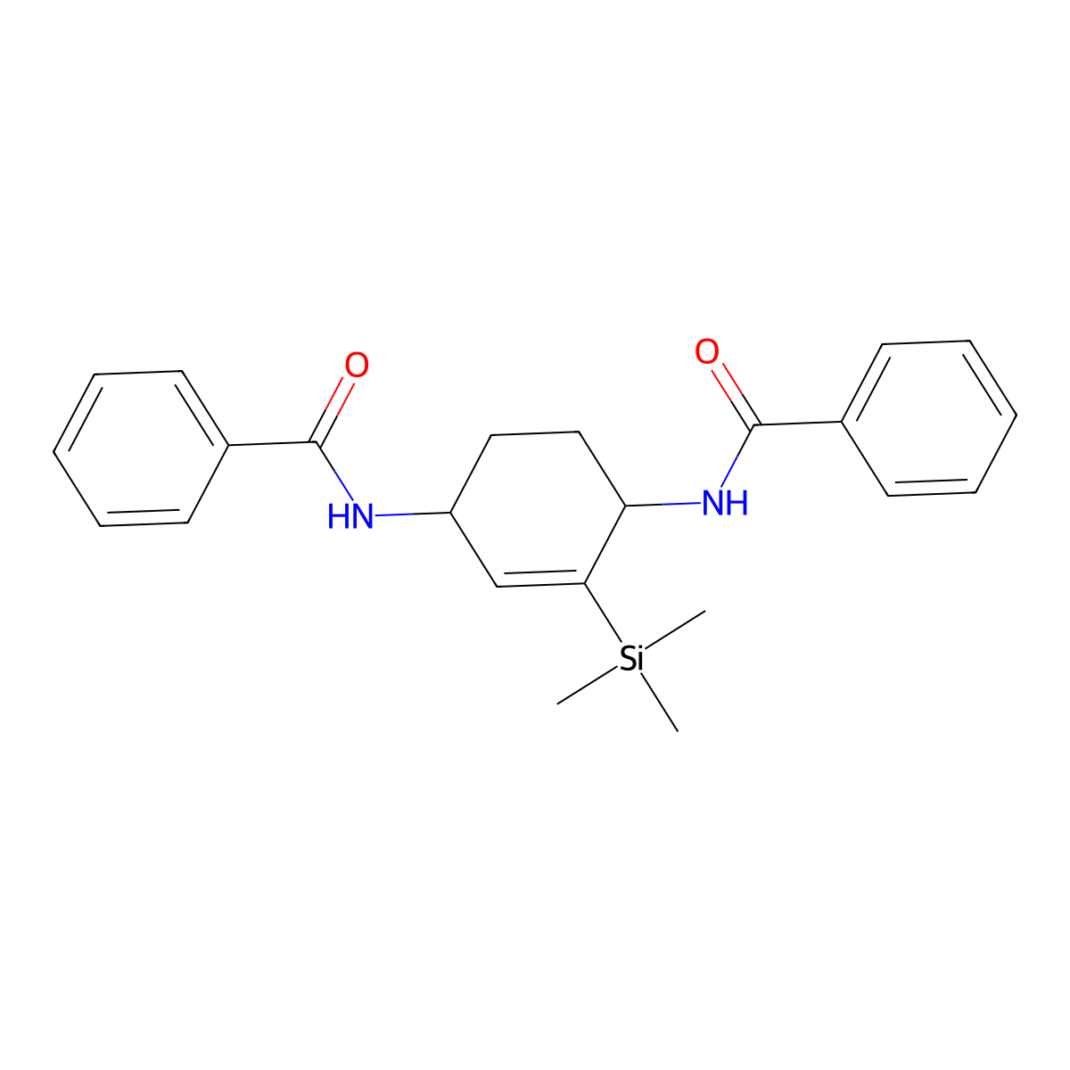 N,N'-((1S,4R)-2-(trimethylsilyl)cyclohex-2-ene-1,4-diyl)dibenzamide (racemic) molecular structure, CAS 2053651-98-0
