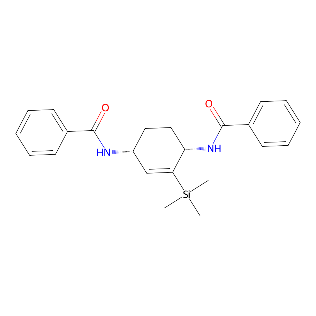 N,N'-((1S,4R)-2-(trimethylsilyl)cyclohex-2-ene-1,4-diyl)dibenzamide (racemic) molecular structure, CAS 2053651-98-0