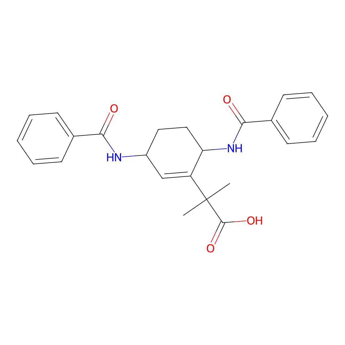 2-((3R,6S)-3,6-bis(benzamido)cyclohex-1-en-1-yl)-2-methylpropanoic acid (racemic) molecular structure, CAS 2053652-04-1