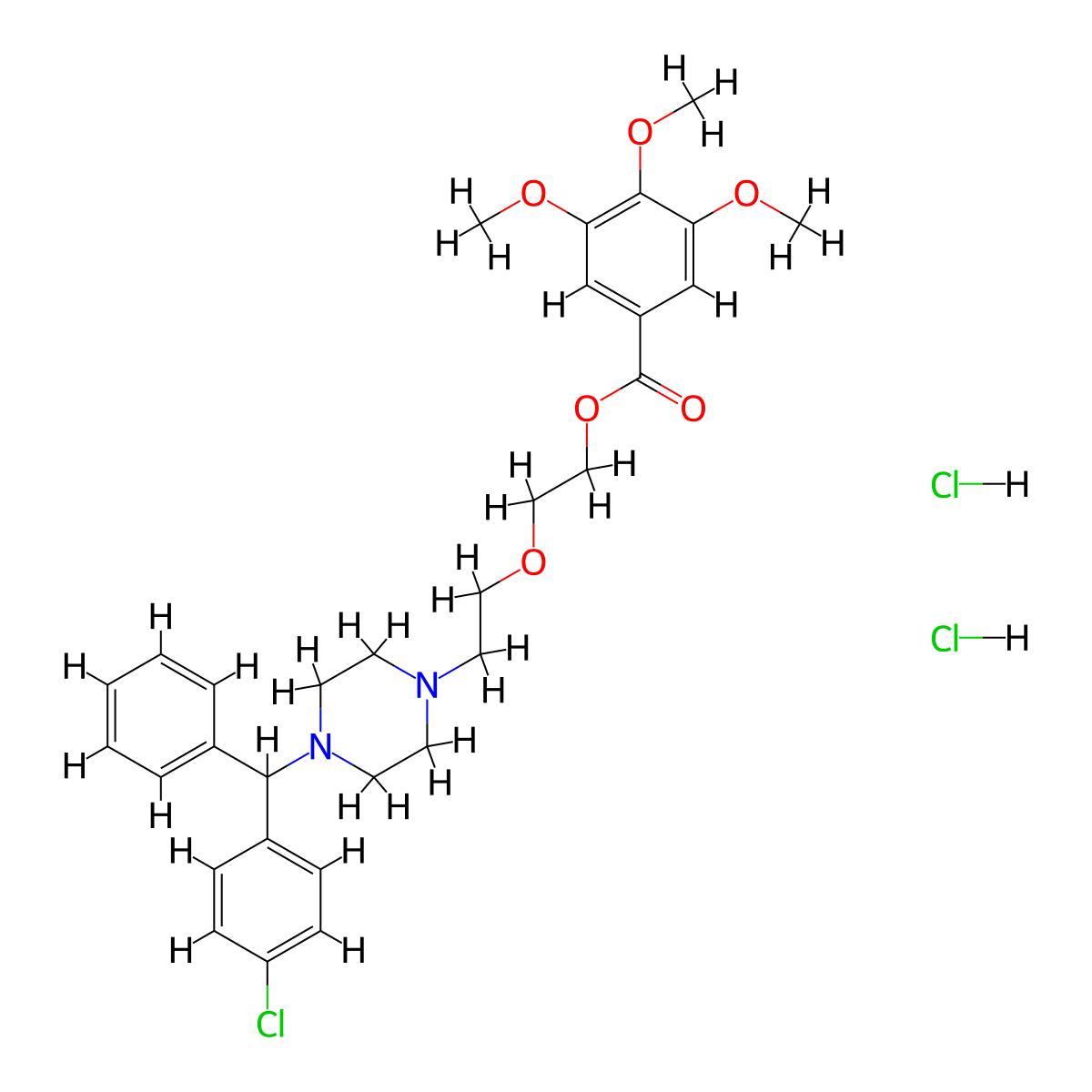 Ethanol, 2-(2-(4-(p-chloro-alpha-phenylbenzyl)-1-piperazinyl)ethoxy)-, 3,4,5-trimethoxybenzoate, dihydrochloride molecular structure, CAS 20541-83-7