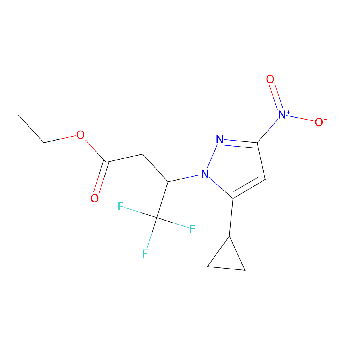 Ethyl 3-(5-cyclopropyl-3-nitro-1H-pyrazol-1-yl)-4,4,4-trifluorobutanoate molecular structure, CAS 2054953-88-5