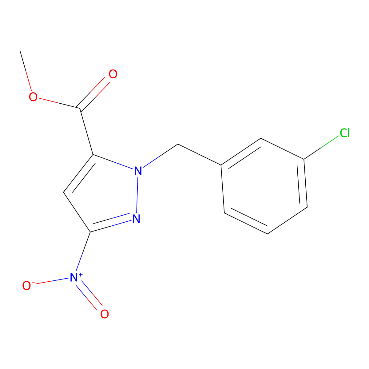 Methyl 1-(3-chlorobenzyl)-3-nitro-1H-pyrazole-5-carboxylate molecular structure, CAS 2054953-99-8