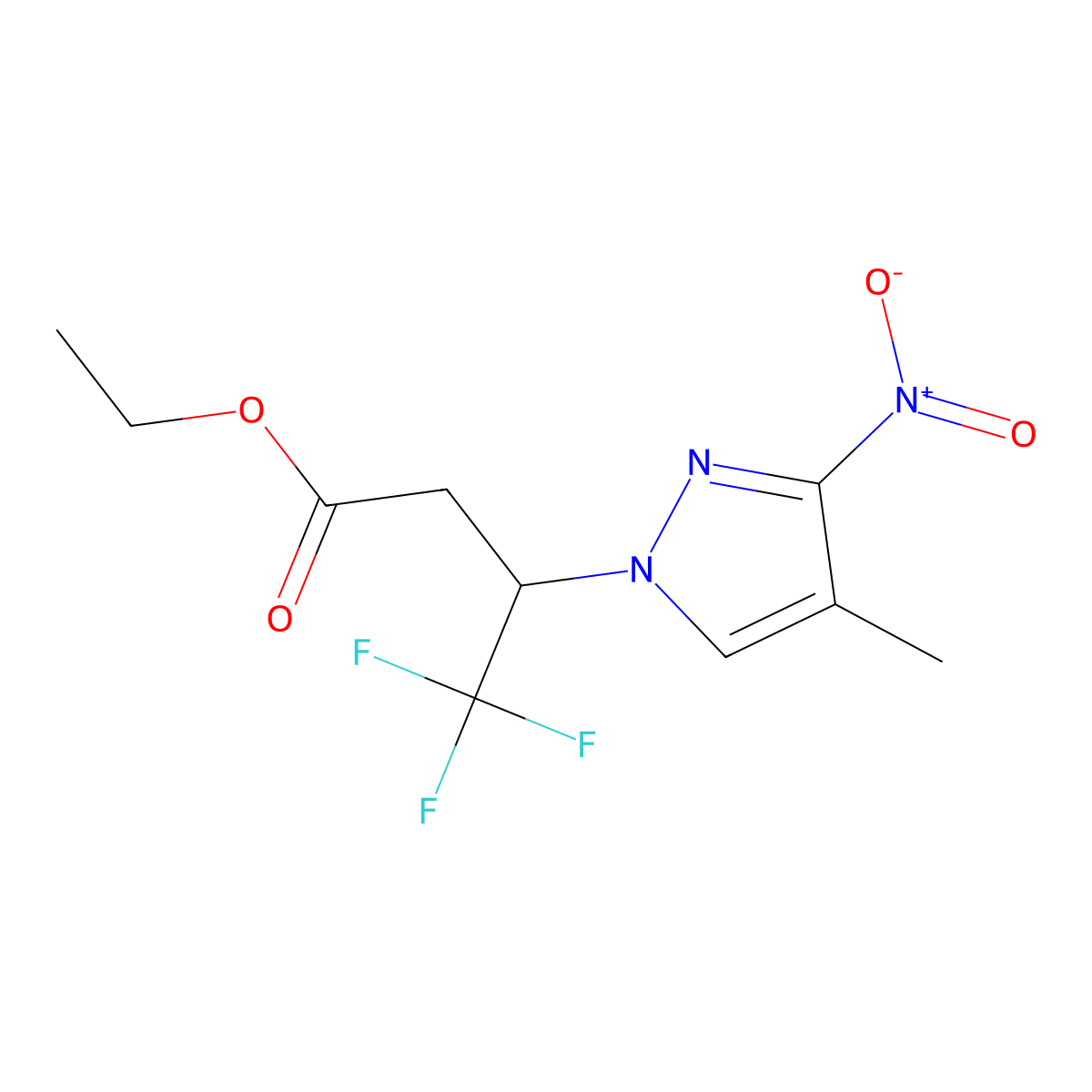Ethyl 4,4,4-trifluoro-3-(4-methyl-3-nitro-1H-pyrazol-1-yl)butanoate molecular structure, CAS 2054954-29-7