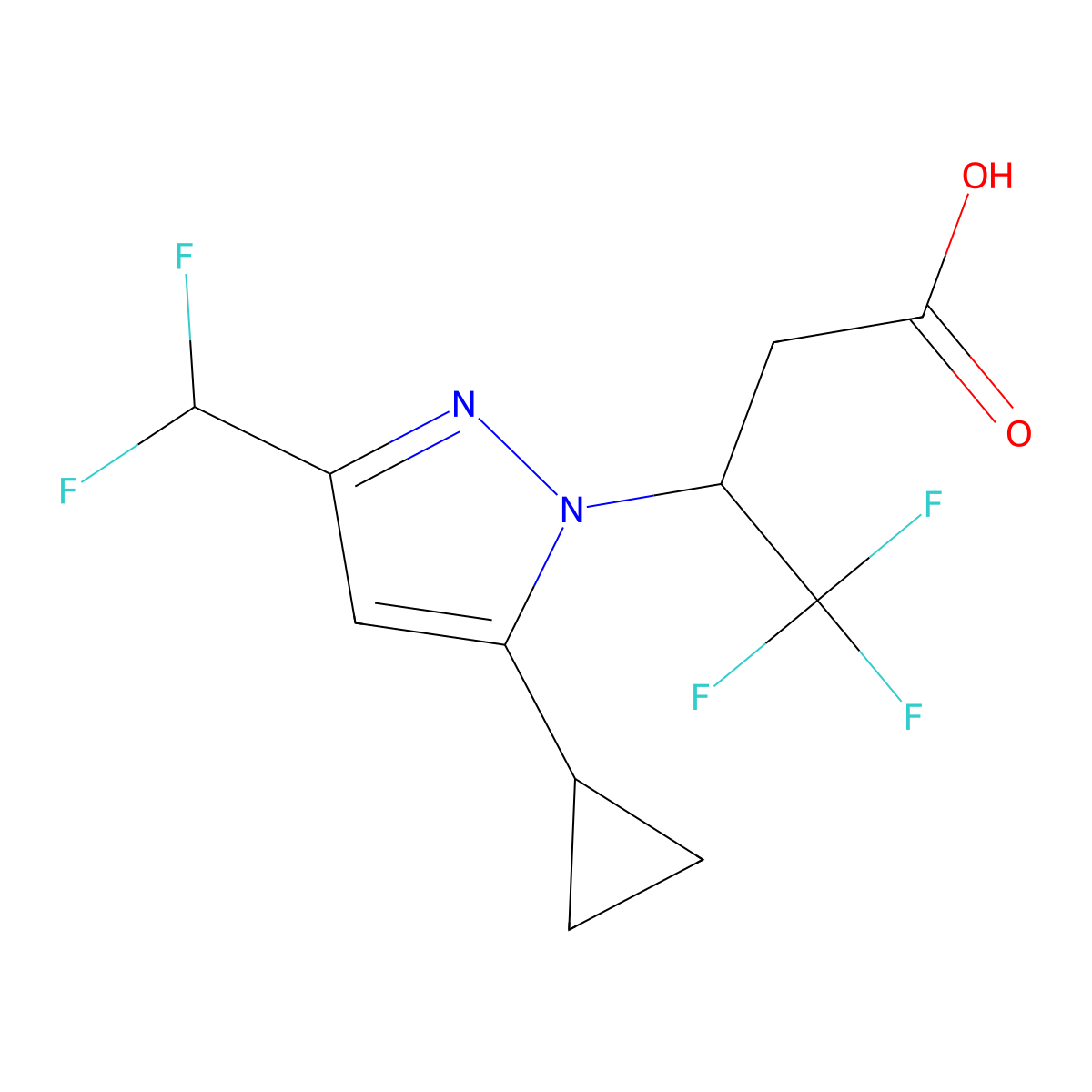 3-[5-Cyclopropyl-3-(difluoromethyl)-1H-pyrazol-1-yl]-4,4,4-trifluorobutanoic acid molecular structure, CAS 2054954-33-3