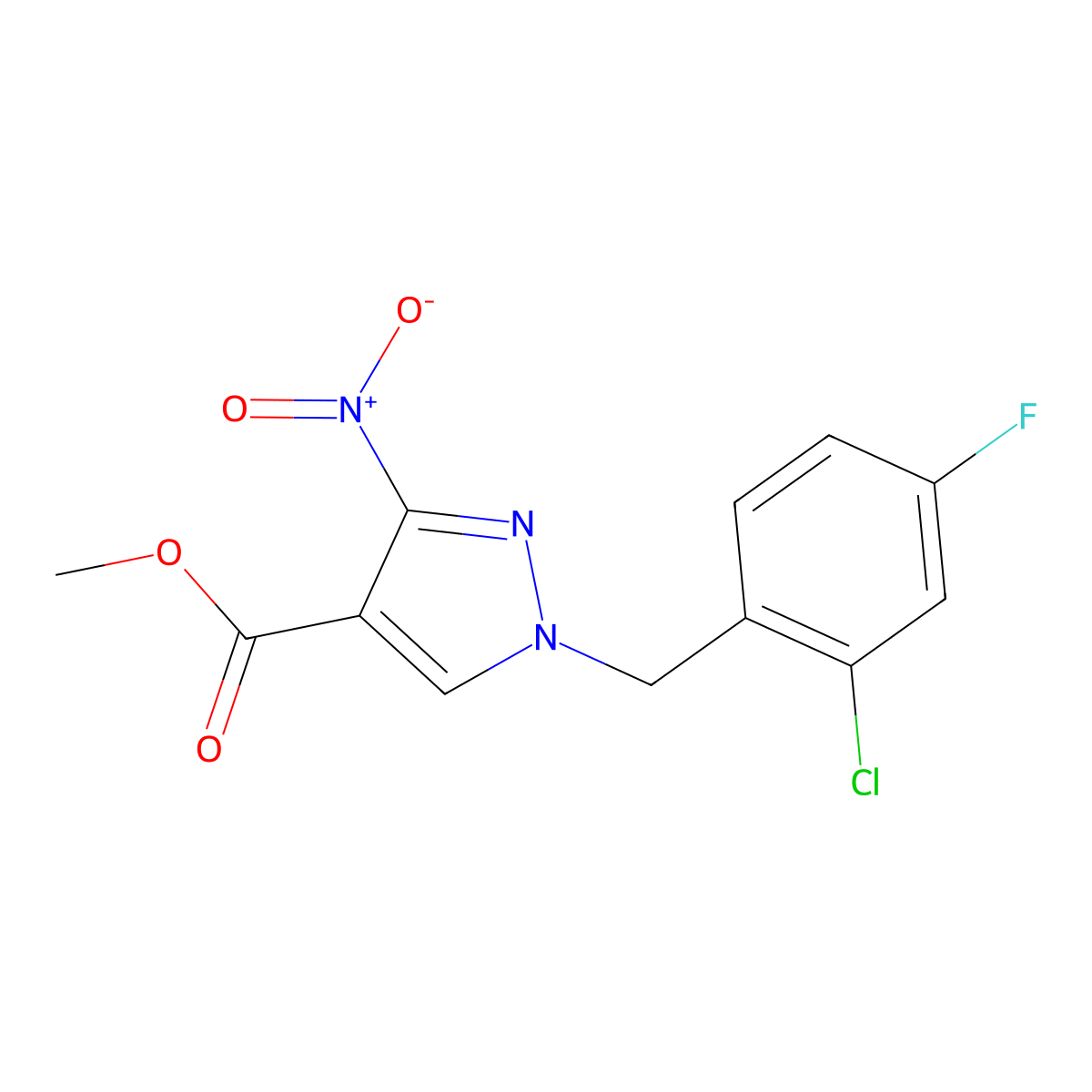 Methyl 1-(2-chloro-4-fluorobenzyl)-3-nitro-1H-pyrazole-4-carboxylate molecular structure, CAS 2054954-45-7