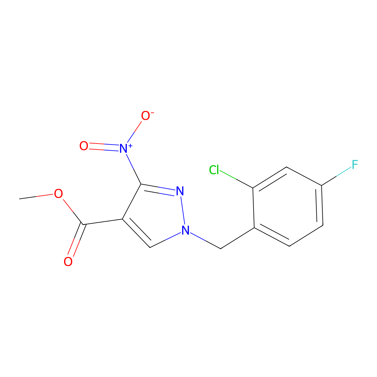 Methyl 1-(2-chloro-4-fluorobenzyl)-3-nitro-1H-pyrazole-4-carboxylate molecular structure, CAS 2054954-45-7
