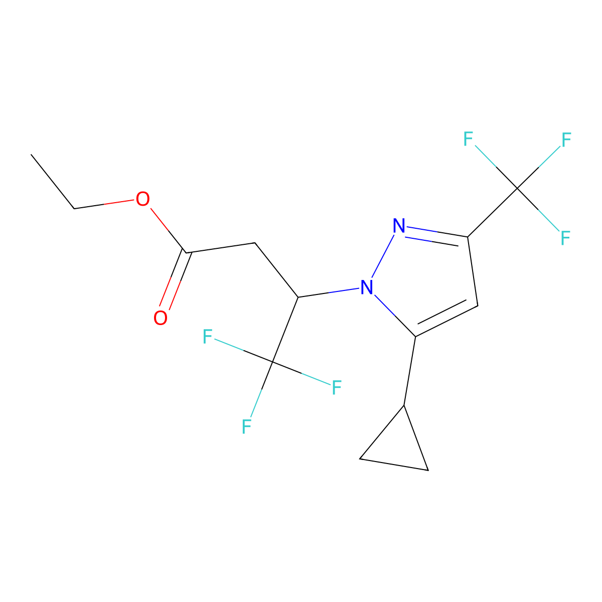 Ethyl 3-[5-cyclopropyl-3-(trifluoromethyl)-1H-pyrazol-1-yl]-4,4,4-trifluorobutanoate molecular structure, CAS 2054954-50-4