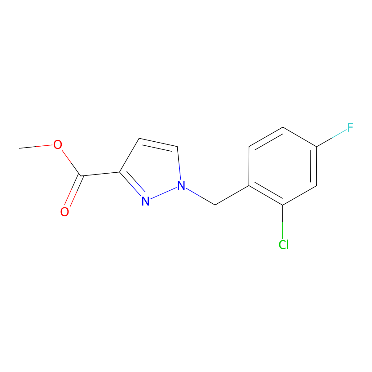 Methyl 1-(2-chloro-4-fluorobenzyl)-1H-pyrazole-3-carboxylate molecular structure, CAS 2054954-59-3