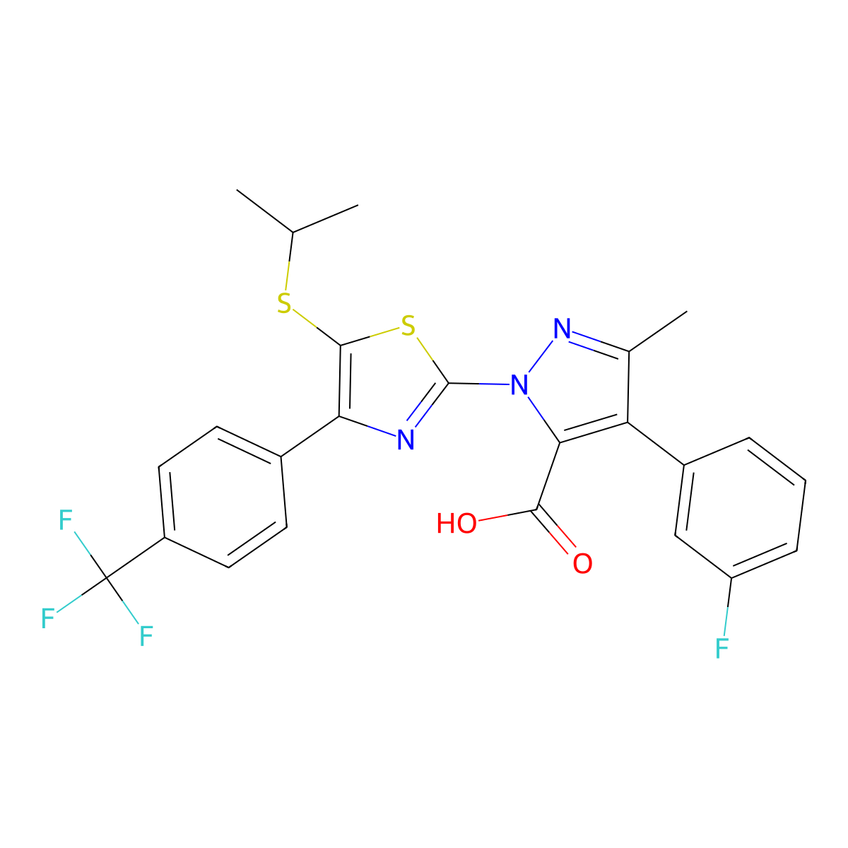 4-(3-Fluorophenyl)-3-methyl-1-[5-propan-2-ylsulfanyl-4-[4-(trifluoromethyl)phenyl]-1,3-thiazol-2-yl]pyrazole-5-carboxylic acid molecular structure, CAS 2054998-45-5