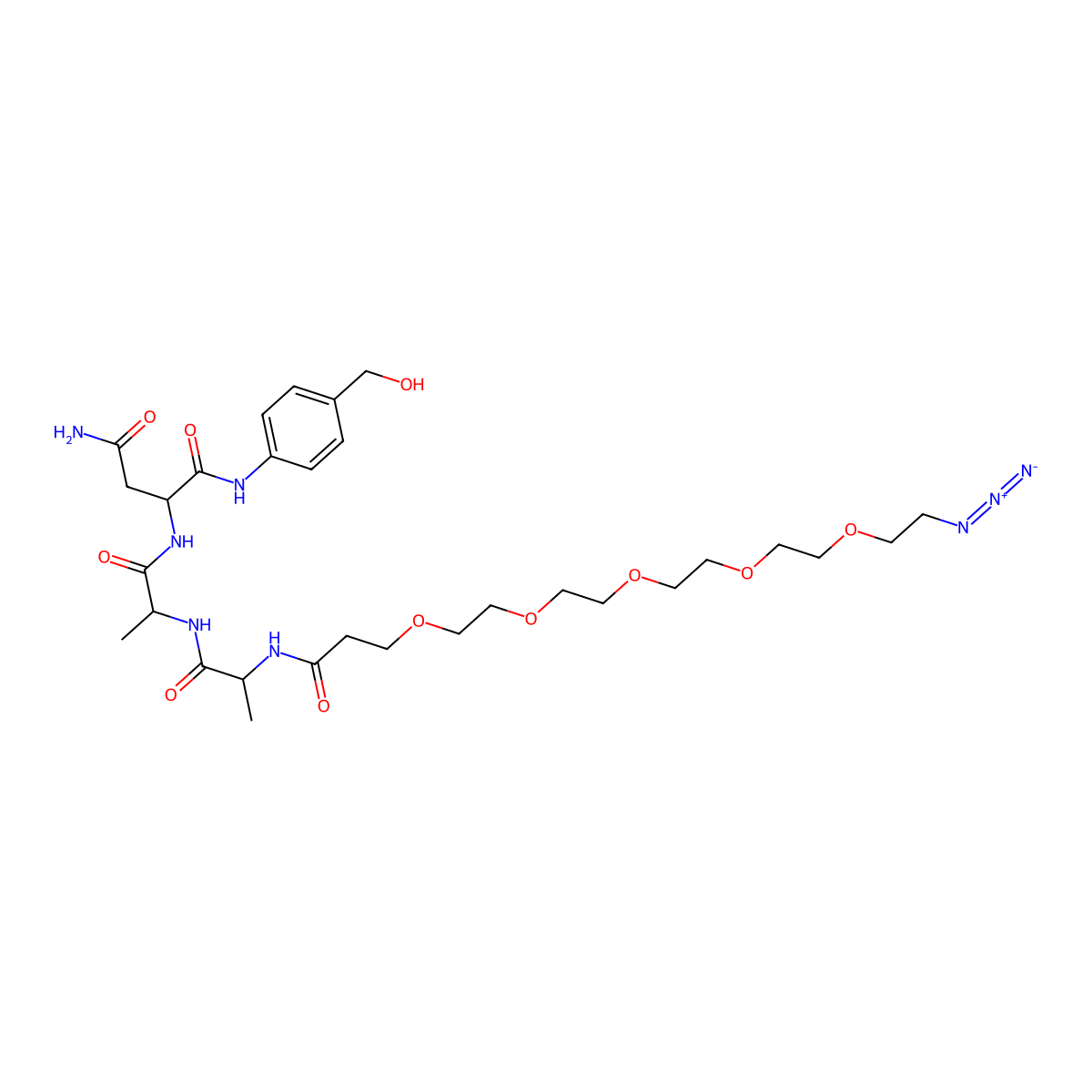 (S)-2-((20S,23S)-1-azido-20,23-dimethyl-18,21-dioxo-3,6,9,12,15-pentaoxa-19,22-diazatetracosan-24-amido)-N1-(4-(hydroxymethyl)phenyl)succinamide molecular structure, CAS 2055048-54-7