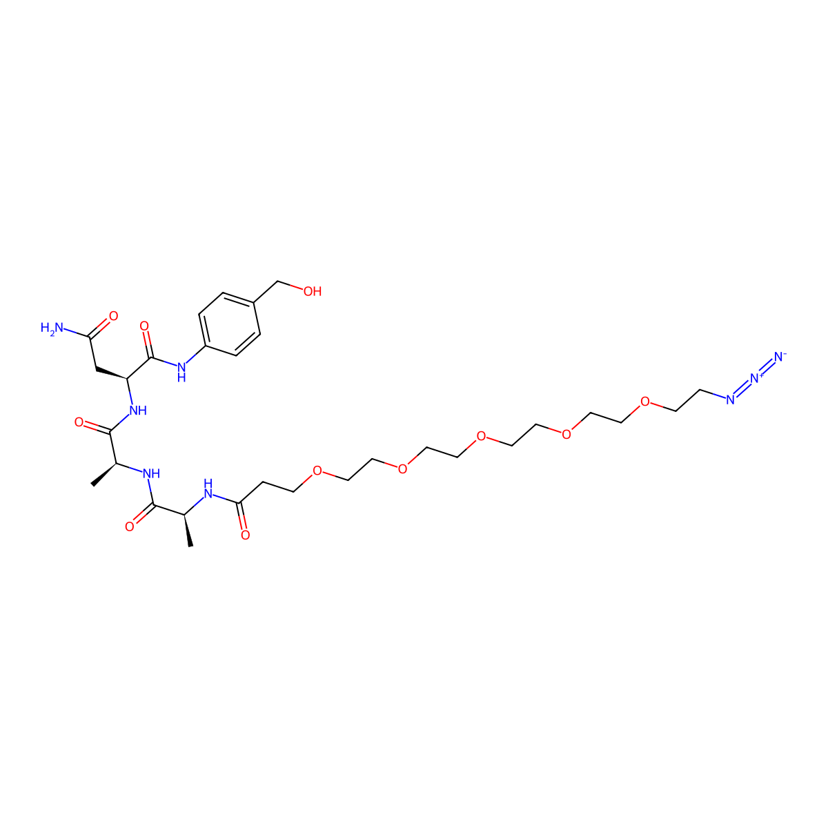 (S)-2-((20S,23S)-1-azido-20,23-dimethyl-18,21-dioxo-3,6,9,12,15-pentaoxa-19,22-diazatetracosan-24-amido)-N1-(4-(hydroxymethyl)phenyl)succinamide molecular structure, CAS 2055048-54-7