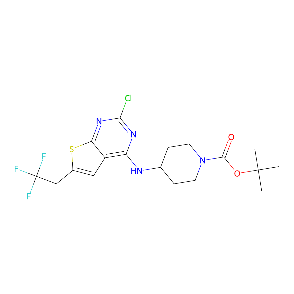 N-(1-Boc-4-piperidyl)-2-chloro-6-(2,2,2-trifluoroethyl)thieno[2,3-d]pyrimidin-4-amine molecular structure, CAS 2055107-44-1