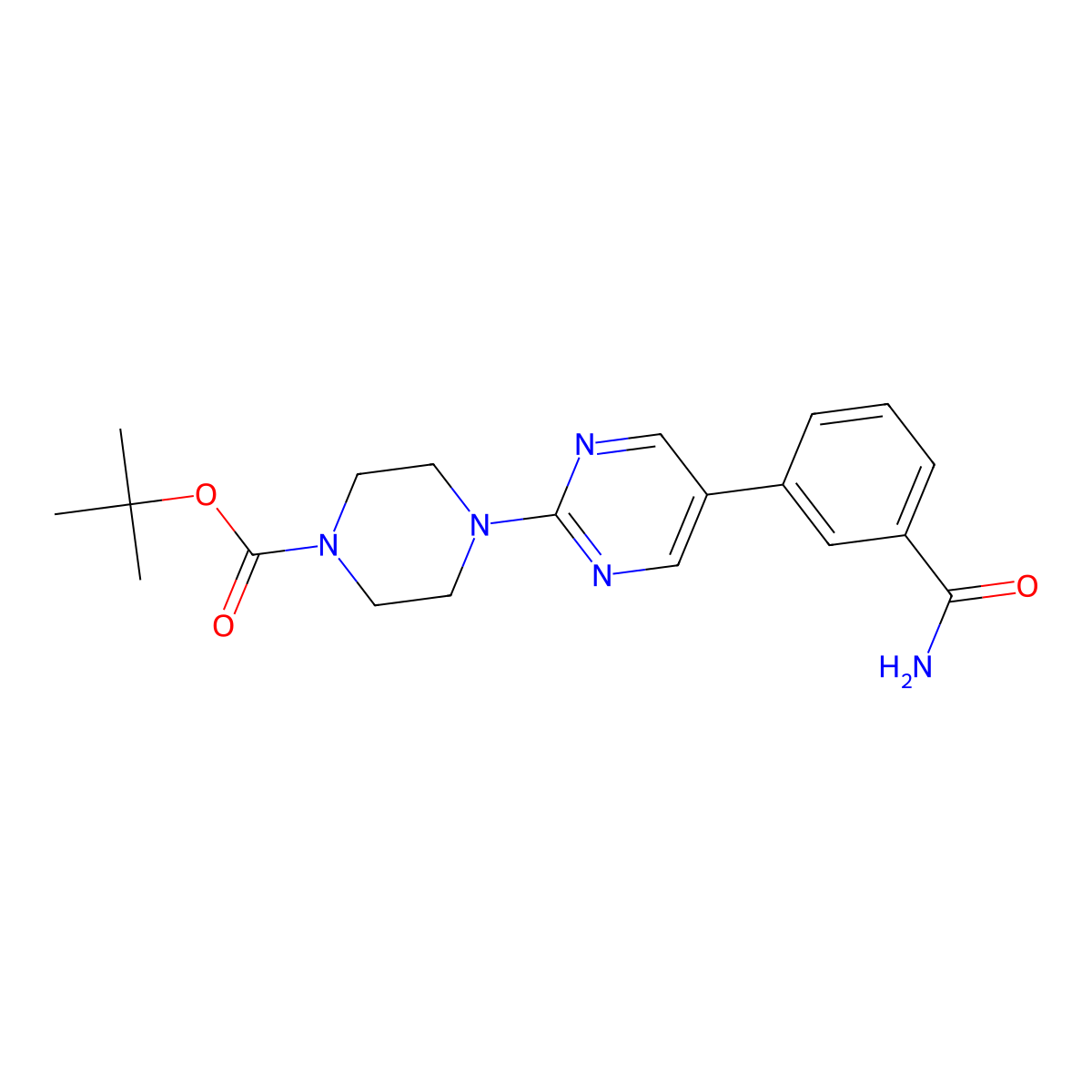 Tert-butyl 4-(5-(3-carbamoylphenyl)pyrimidin-2-yl)piperazine-1-carboxylate molecular structure, CAS 2055228-60-7